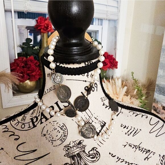 VTG French Republique Francaise Faux Pearl Antique Coin Dangle Statement Neckla - Picture 9 of 15